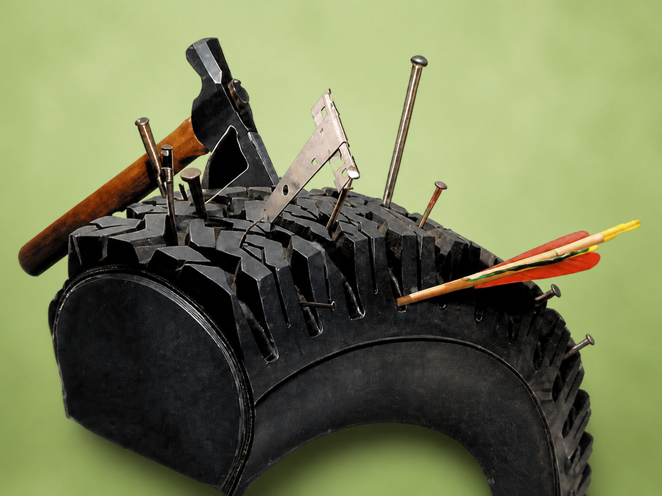 Foam-filled tire with nails and sharp objects